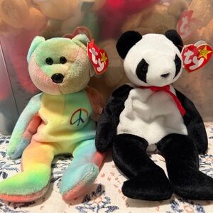 Ty Rainbow Peace Bear and Black & White Panda Plush Duo